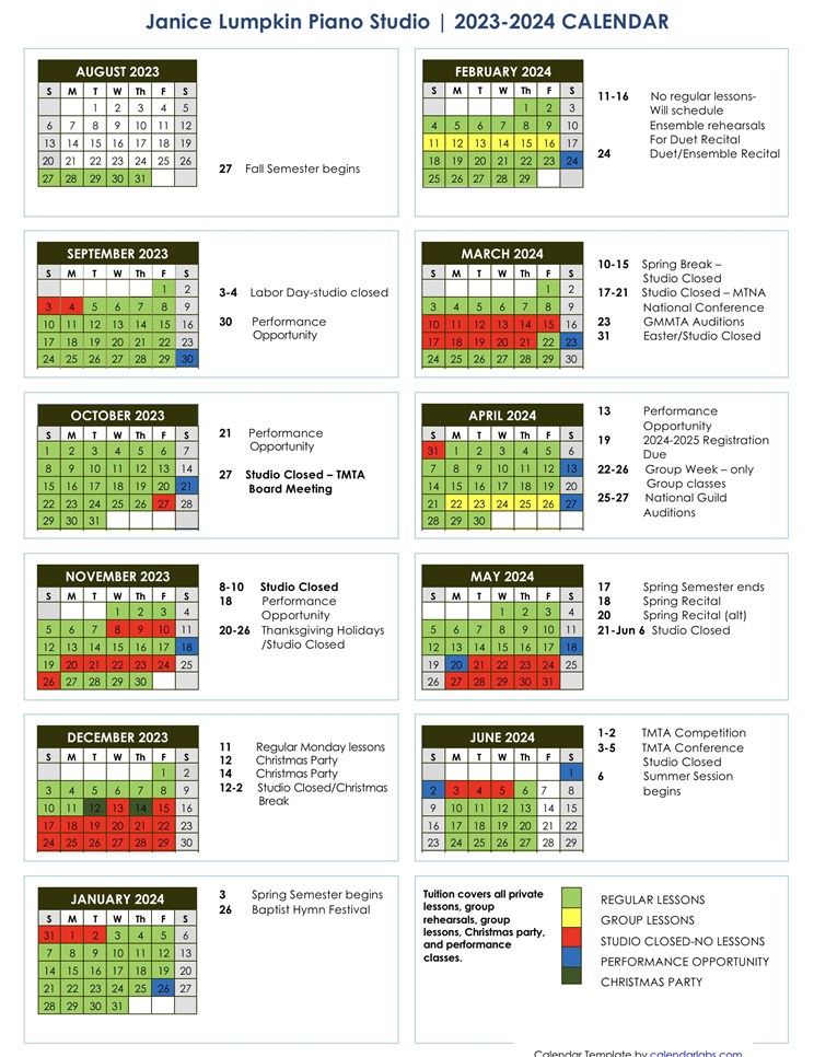 Janice Lumpkin Piano Studio - Studio Calendar